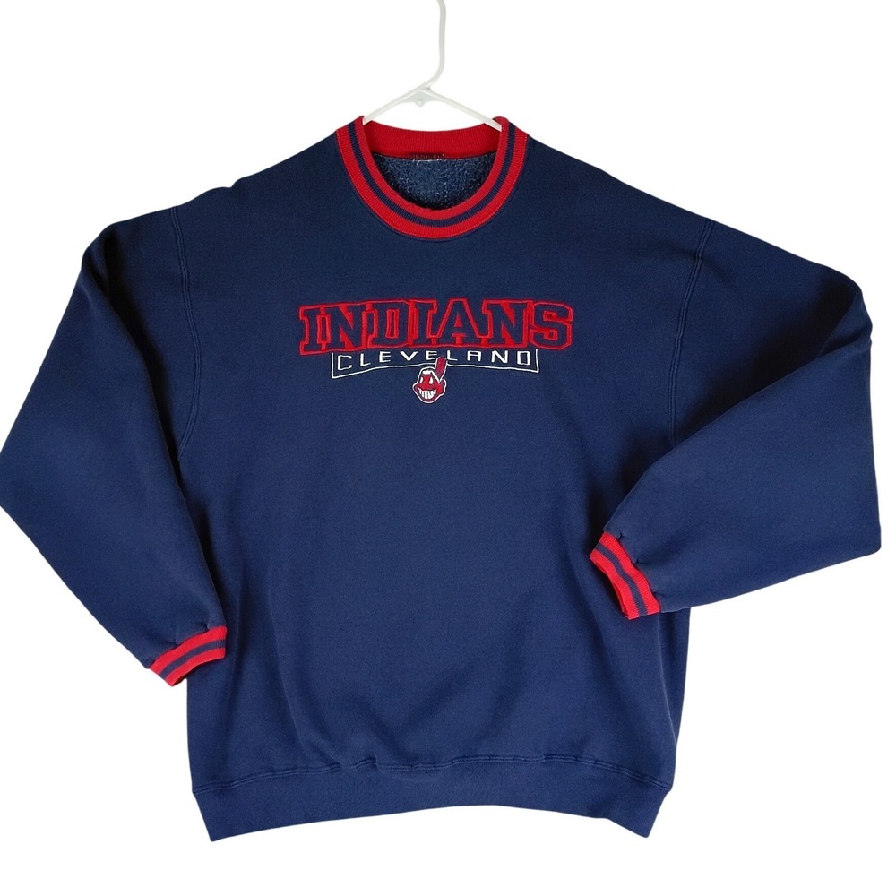Cleveland‎ Indians Sweatshirt Mens * L Navy Blue Vintage Embroidered Chief Wahoo